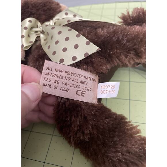 Bearington Baby Plush Monkey Lovey Rattle Stuffed Toy Brown Tan Green Bow 9" - Picture 8 of 8